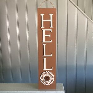 NWT 36x8 Wooden Vertical HELLO Floral Motif 🌻 Wall or Lean Home Decor Sign